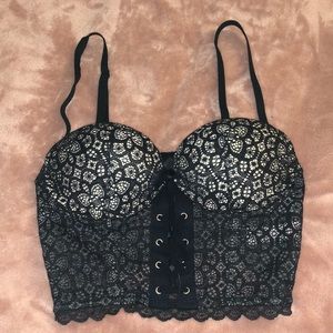 Victoria Secrets Bra Padded Demi 34B Black Lace Up Front Zipper Back Black Sexy